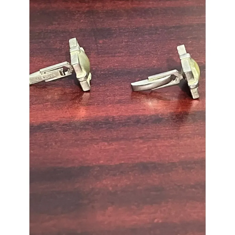 VTG MCM Brutalist Silver Tone Cufflinks Olive Gray Cabachon Whimsygoth Goth